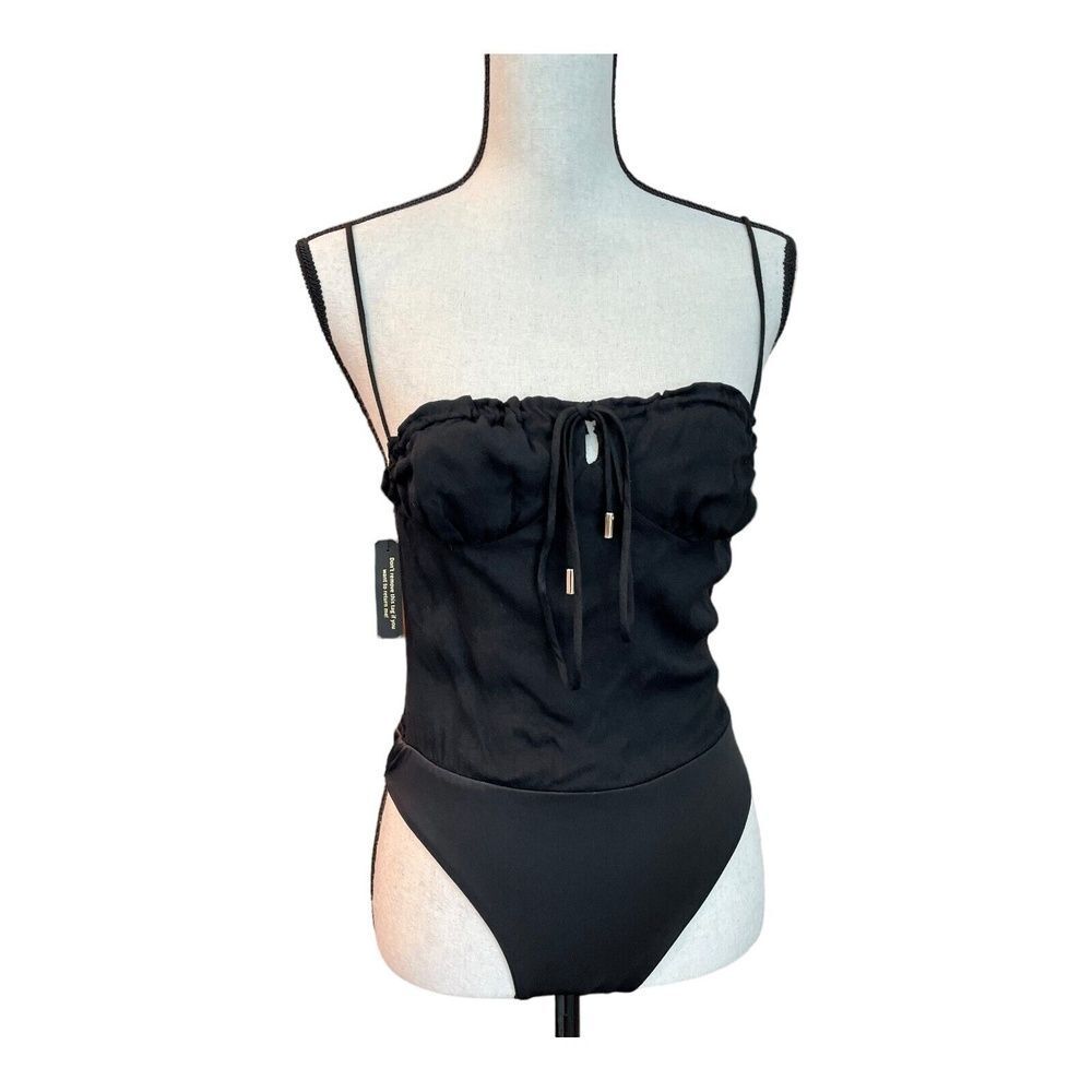 AFRM Womens Bodysuit Black Sleeveless Solid Tie Front Boho Smocked Thong XS New